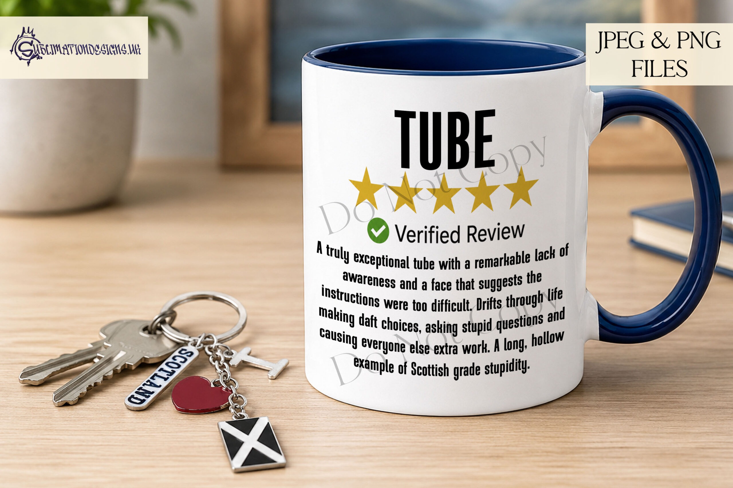 Scottish insult comedy designs in 5 star review style for mugs cards and novelty gifts