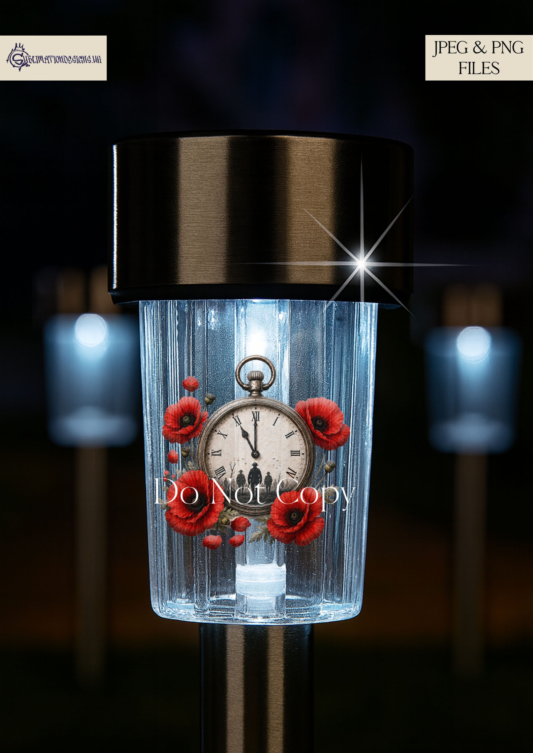 Vintage pocket watch with poppies and soldier silhouettes set to 11 for remembrance gifts and memorial products