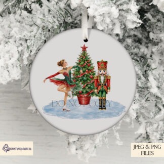 Ice skating Christmas design featuring ballerina skater Christmas tree and red and green Nutcracker for festive gifts and baubles