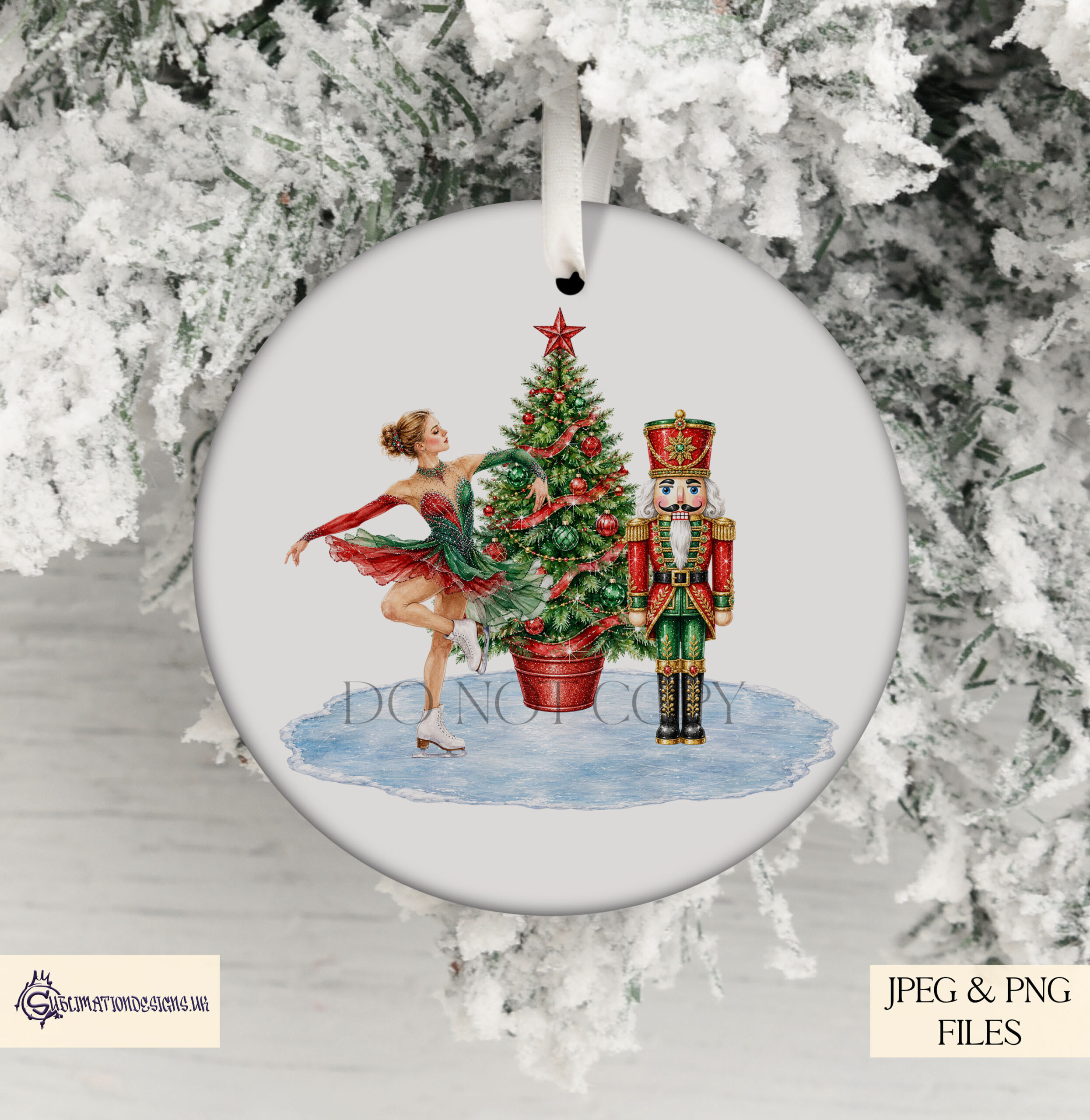 Ice skating Christmas design featuring ballerina skater Christmas tree and red and green Nutcracker for festive gifts and baubles