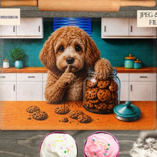 Comedy dog chopping board designs featuring different cartoon dog breeds stealing cookies from a cookie jar and shushing the viewer