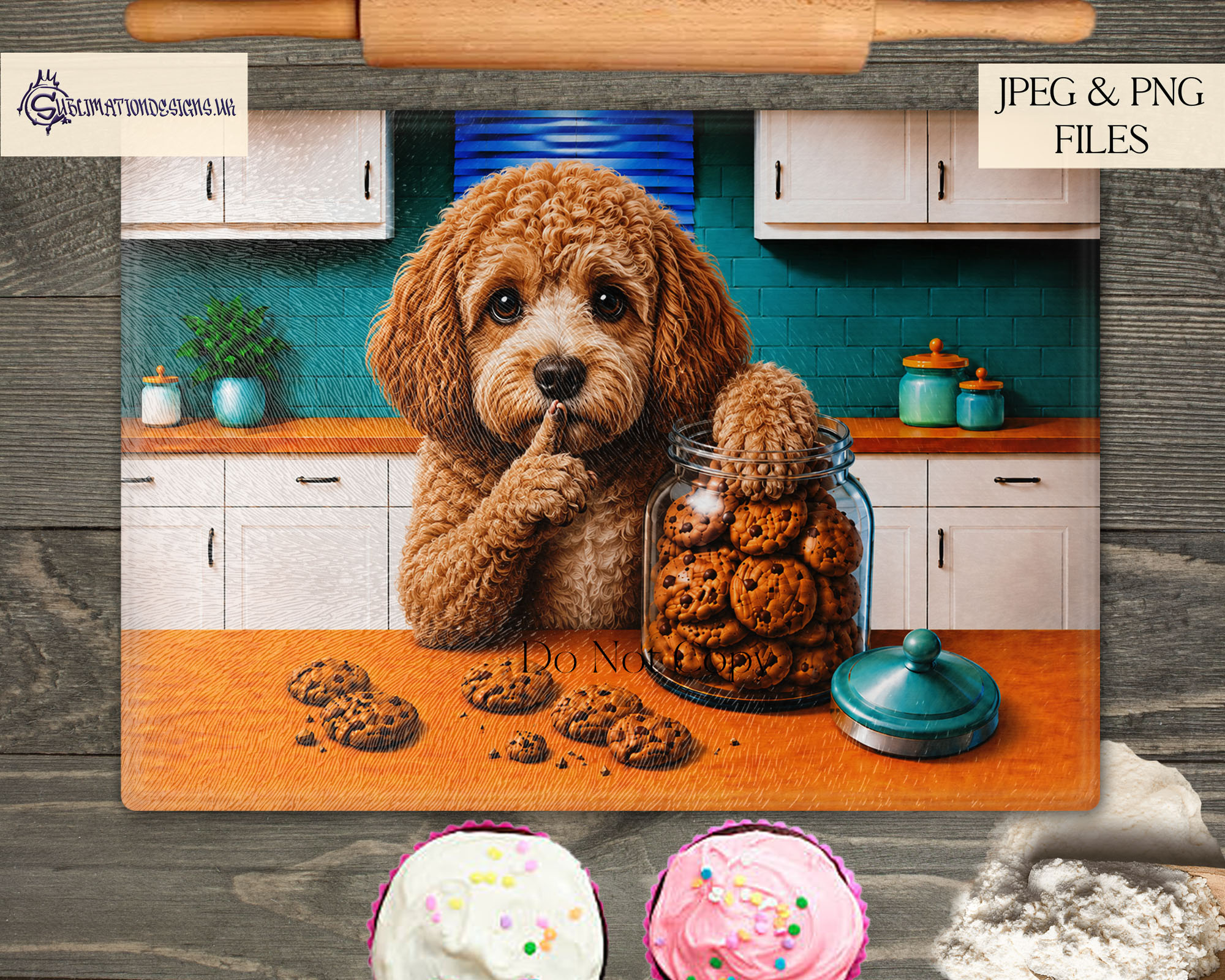 Comedy dog chopping board designs featuring different cartoon dog breeds stealing cookies from a cookie jar and shushing the viewer