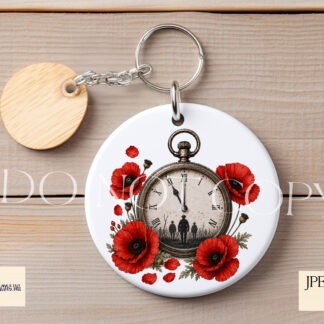 Vintage pocket watch with poppies and soldier silhouettes set to 11 for remembrance gifts and memorial products