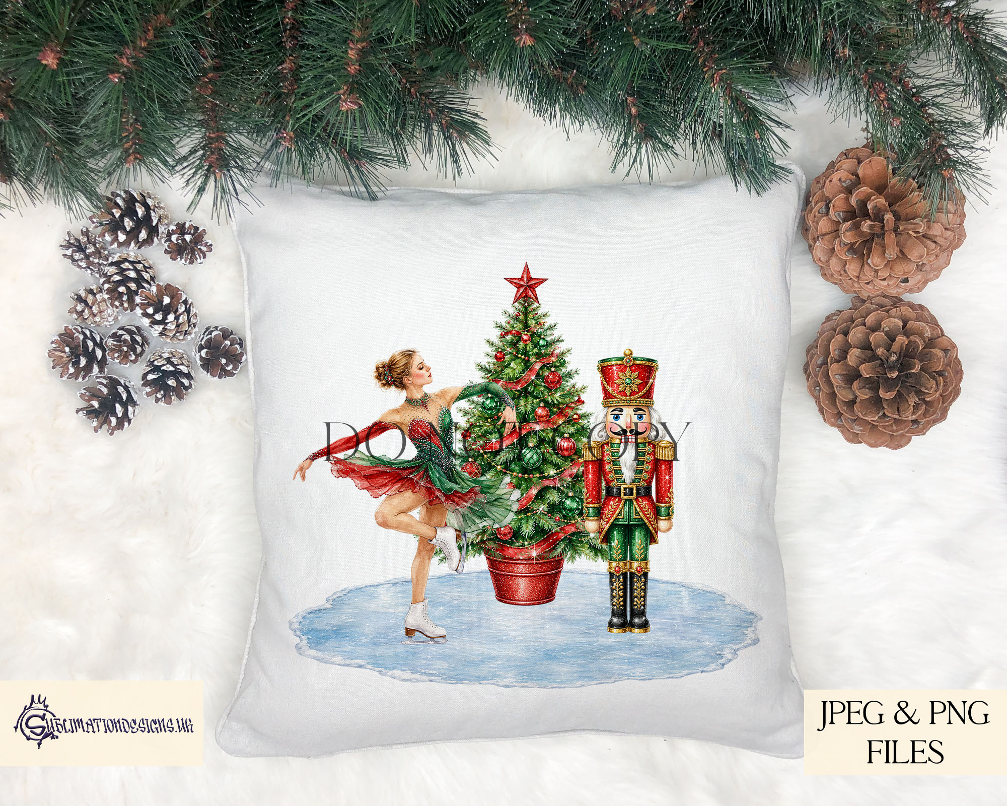 Ice skating Christmas design featuring ballerina skater Christmas tree and red and green Nutcracker for festive gifts and baubles