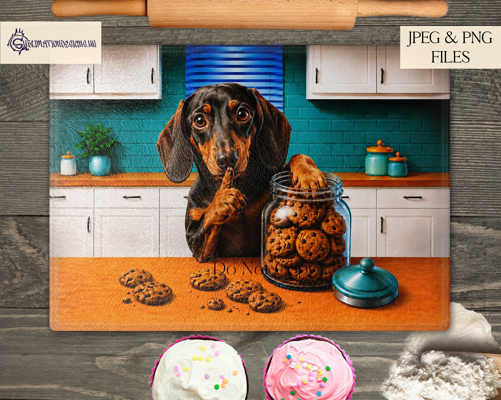 Comedy dog chopping board designs featuring different cartoon dog breeds stealing cookies from a cookie jar and shushing the viewer