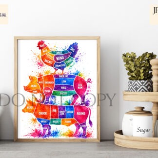 Vibrant butcher’s guide designs showing colourful beef pork and chicken cuts for chopping boards kitchen wall art and butcher décor