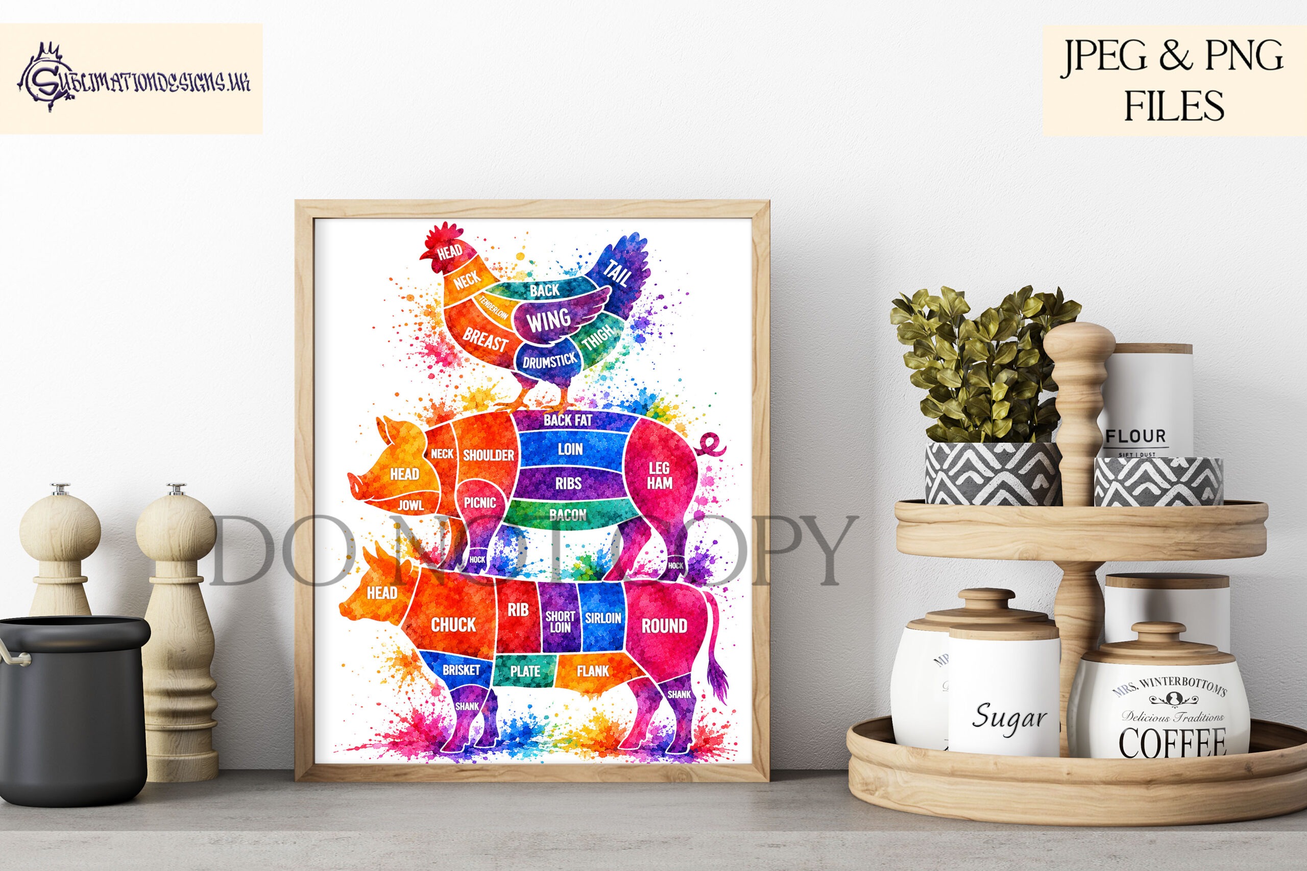 Vibrant butcher’s guide designs showing colourful beef pork and chicken cuts for chopping boards kitchen wall art and butcher décor