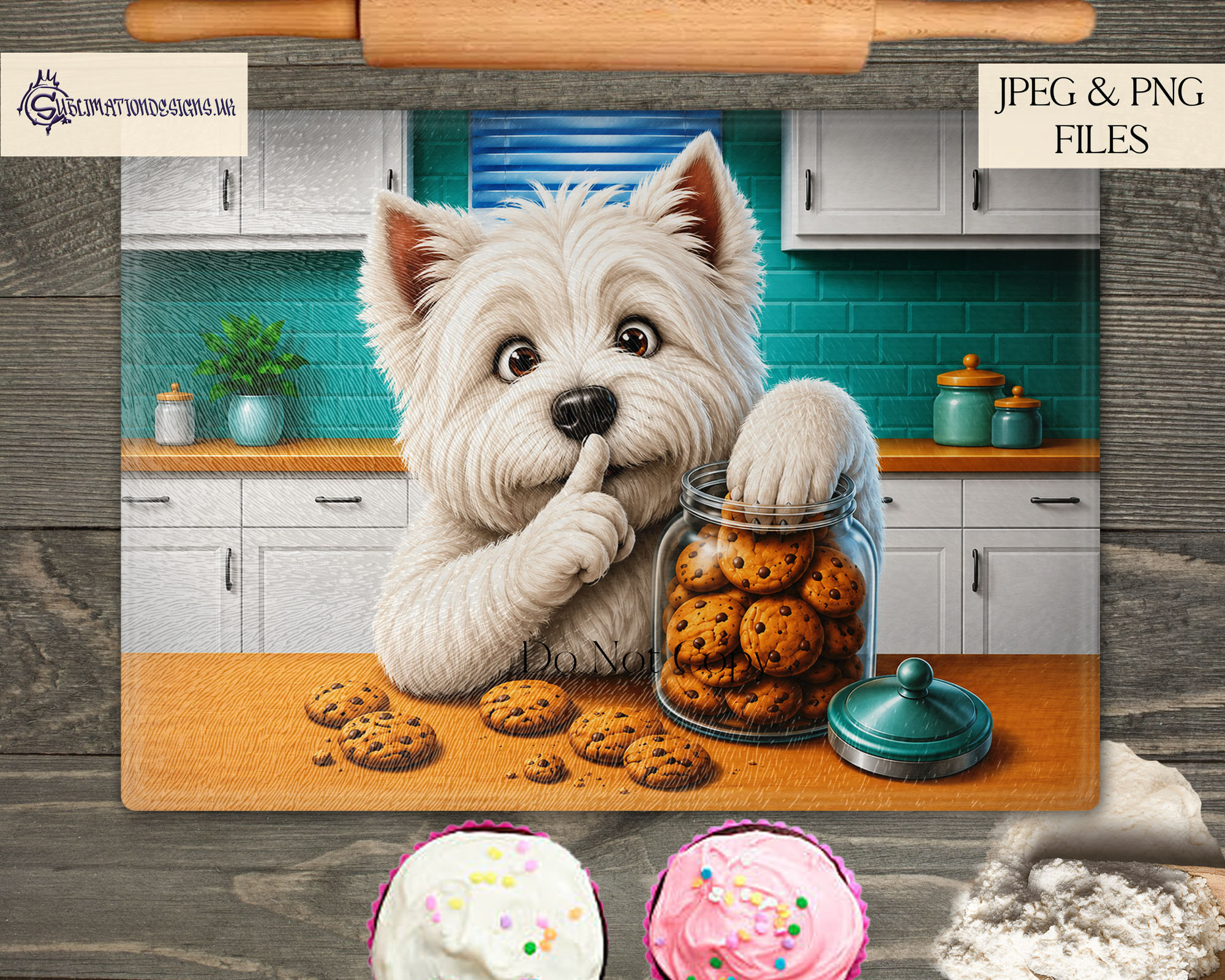 Comedy dog chopping board designs featuring different cartoon dog breeds stealing cookies from a cookie jar and shushing the viewer