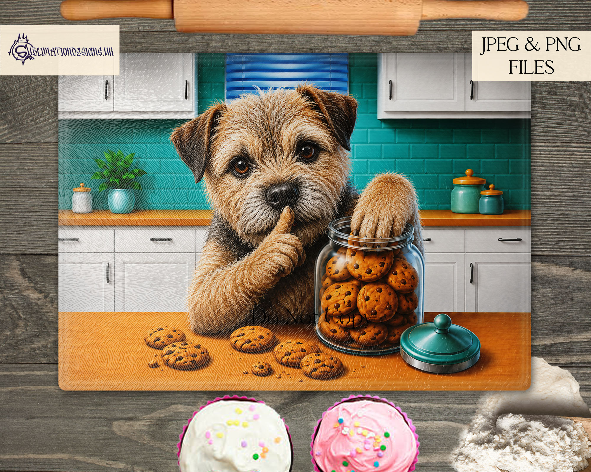 Comedy dog chopping board designs featuring different cartoon dog breeds stealing cookies from a cookie jar and shushing the viewer