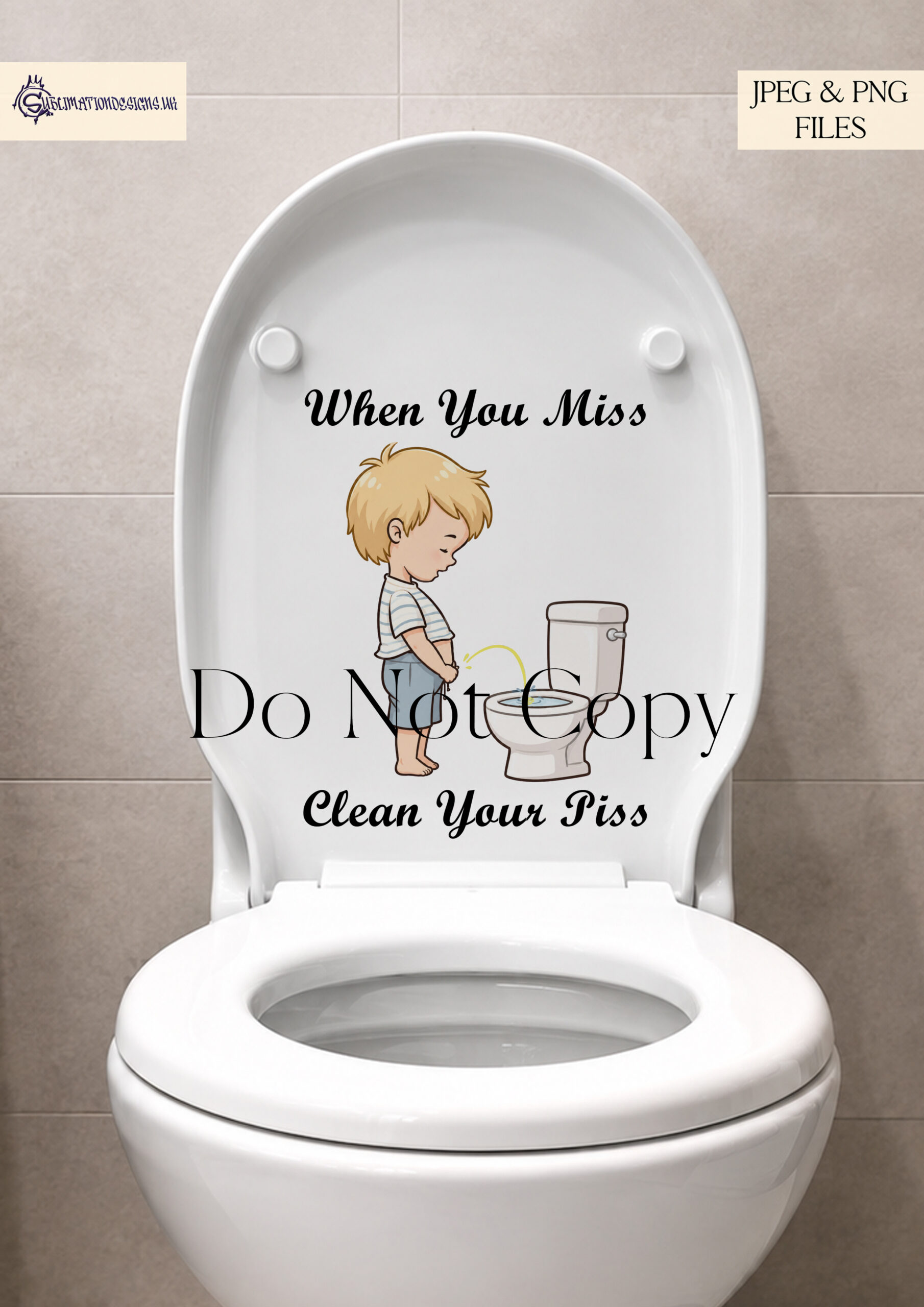 Little boys toilet comedy design with a blond-haired boy shown on a toilet-seat mock-up