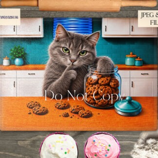 Cookie Thief cat designs featuring short and long haired domestic cats stealing treats and shushing the viewer for chopping boards and treat tins