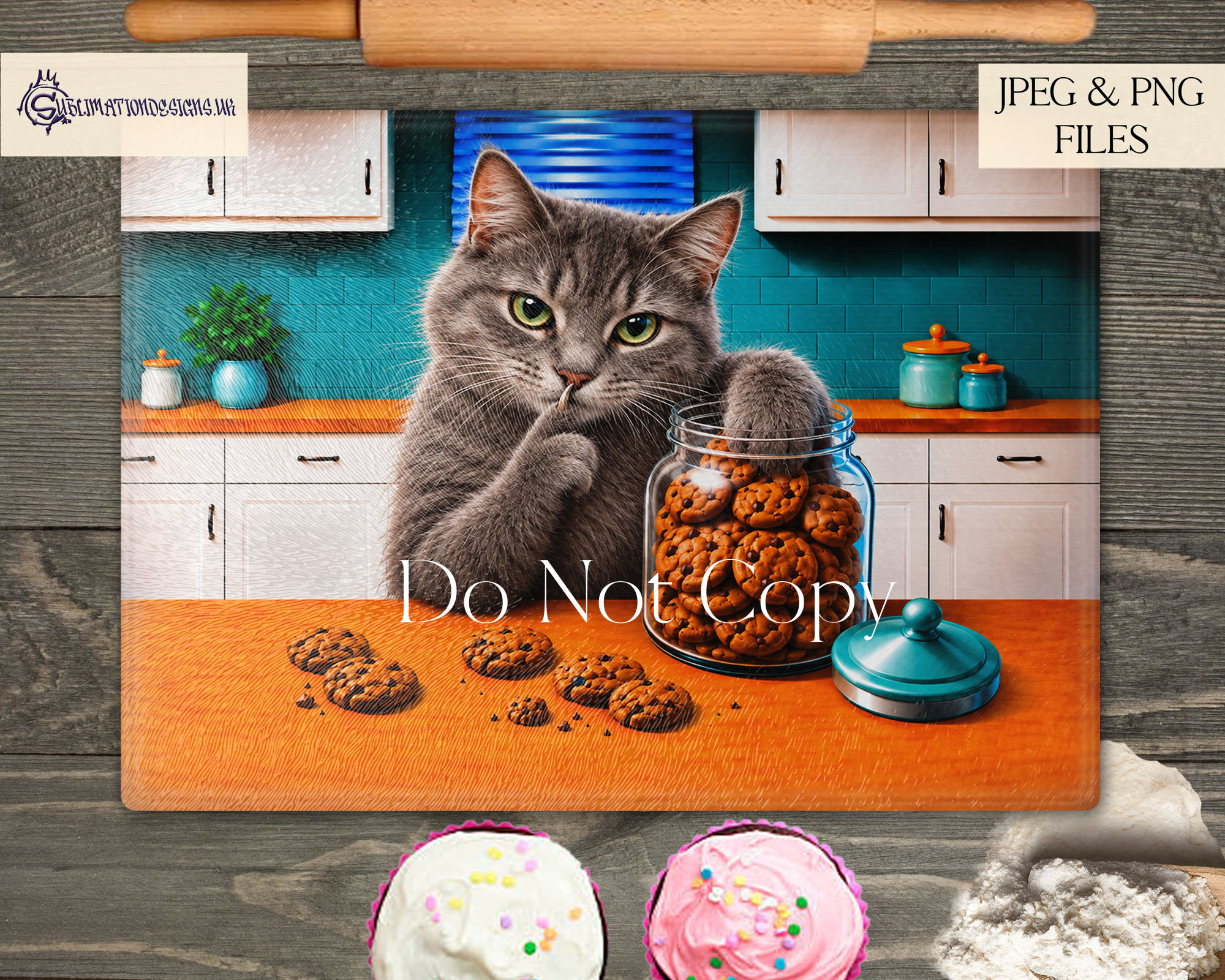 Cookie Thief cat designs featuring short and long haired domestic cats stealing treats and shushing the viewer for chopping boards and treat tins
