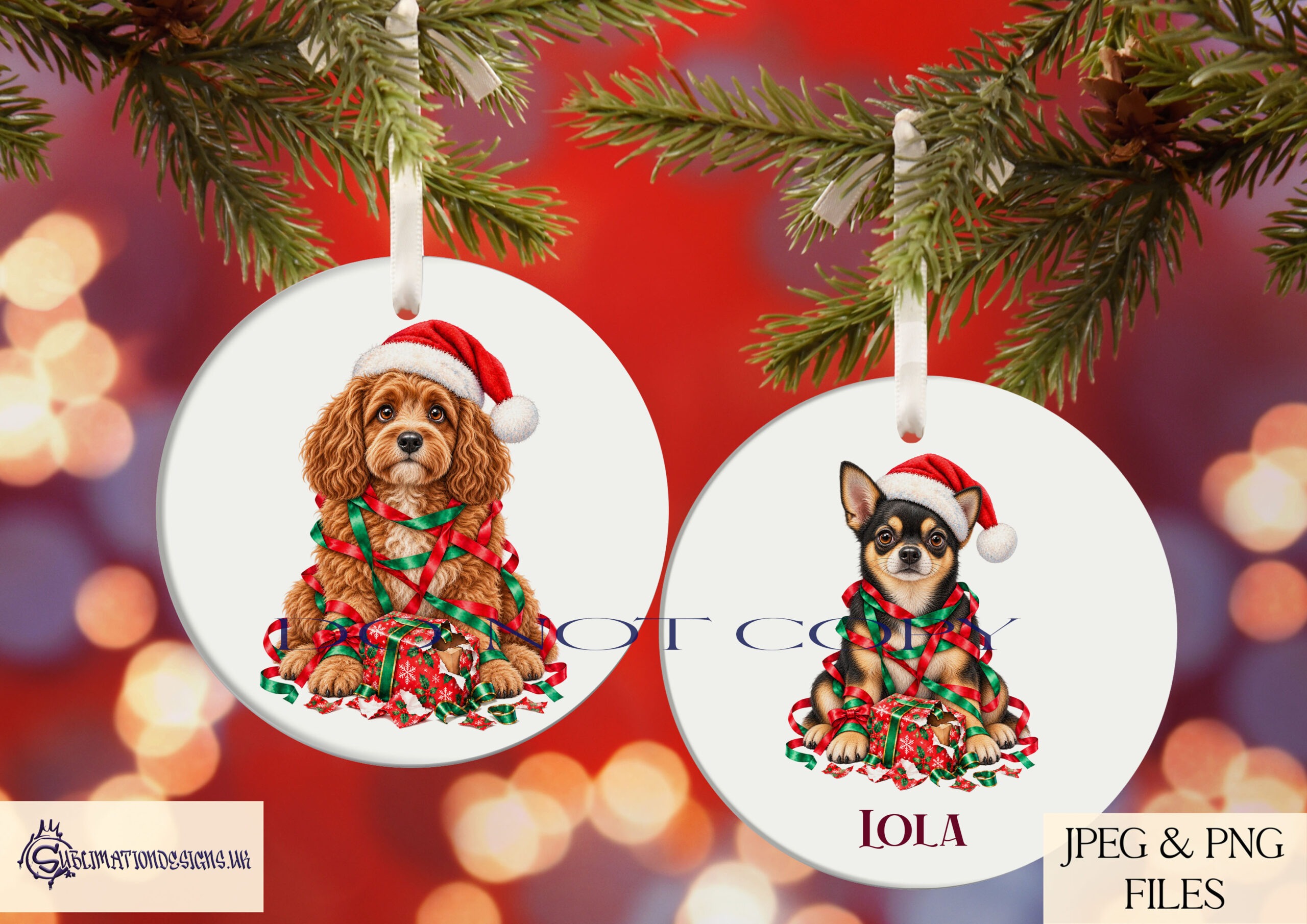 Mischievous Christmas dog clip art bundle featuring dogs tangled in festive tinsel with chewed presents for personalised Christmas gifts