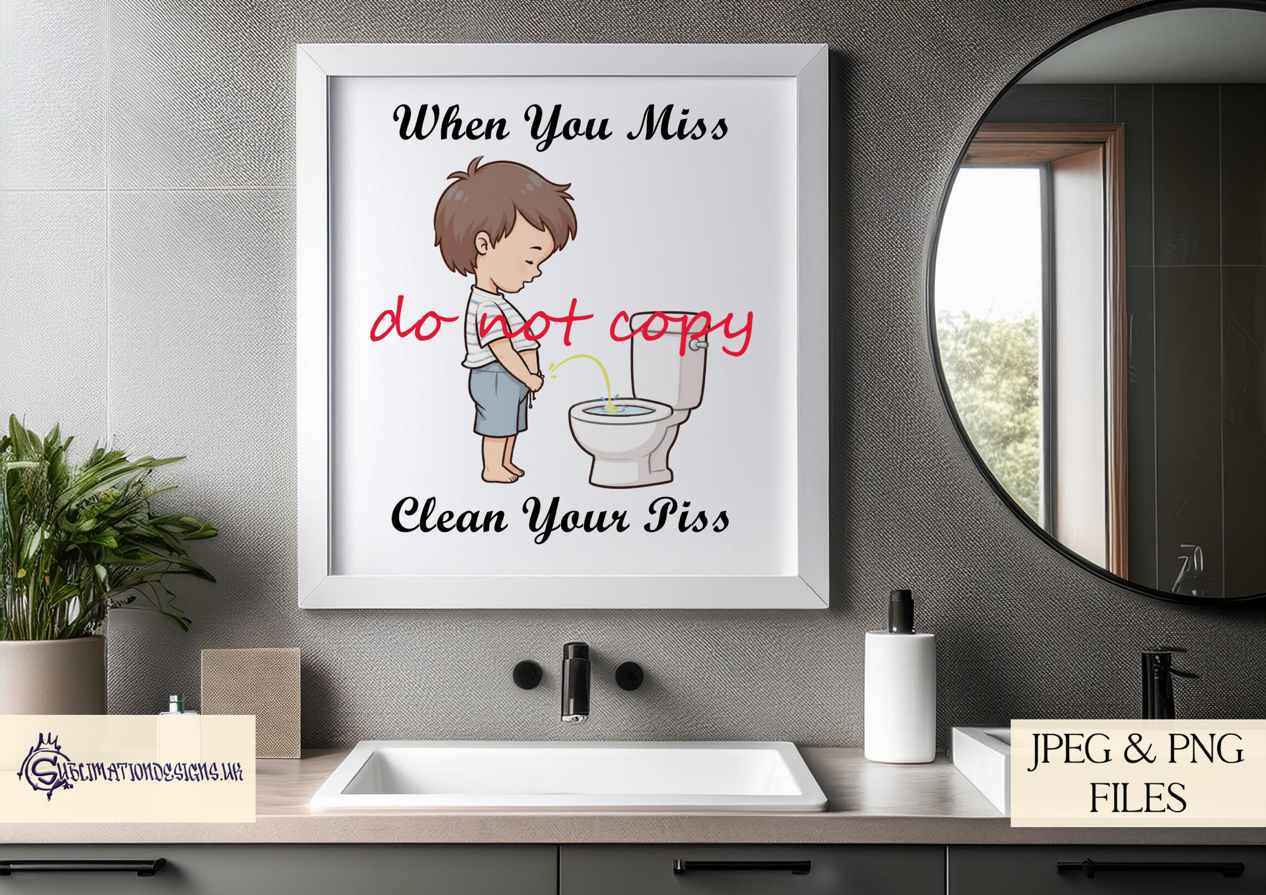 Little boys toilet comedy design displayed as framed bathroom wall art with When You Miss, Clean Your Piss wording
