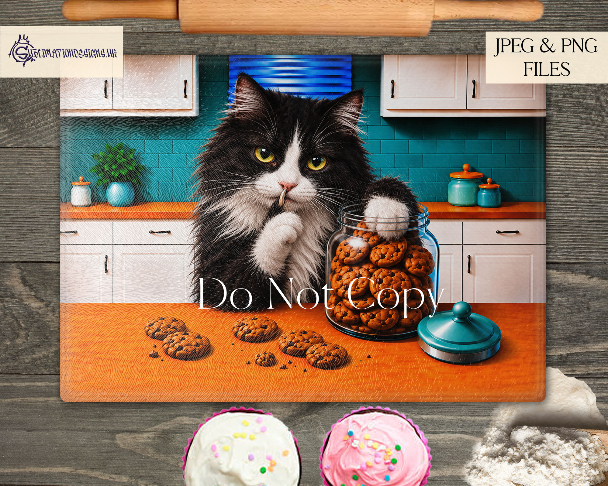 Cookie Thief cat designs featuring short and long haired domestic cats stealing treats and shushing the viewer for chopping boards and treat tins