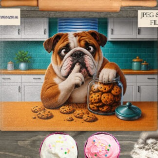 Comedy Cookie Jar Dogs Series 2 featuring different cartoon dog breeds stealing cookies and shushing the viewer on A4 landscape chopping board designs