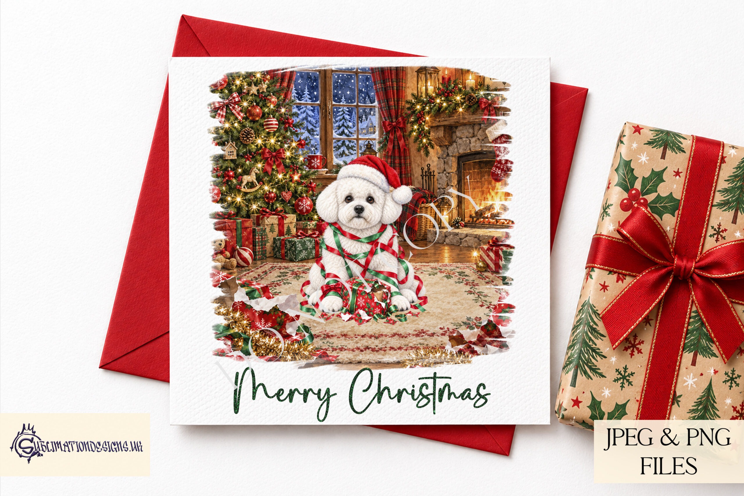 Mischievous Christmas dog clip art bundle featuring dogs tangled in festive tinsel with chewed presents for personalised Christmas gifts