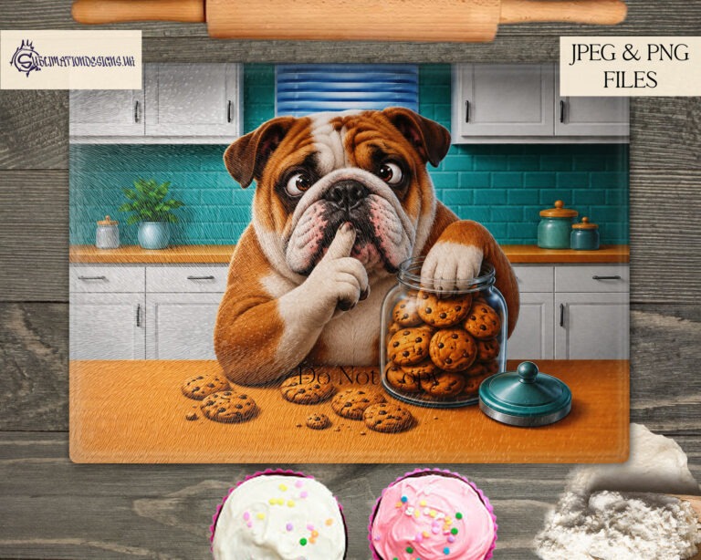 Cookie Jar Dogs artwork shown on a chopping board mockup