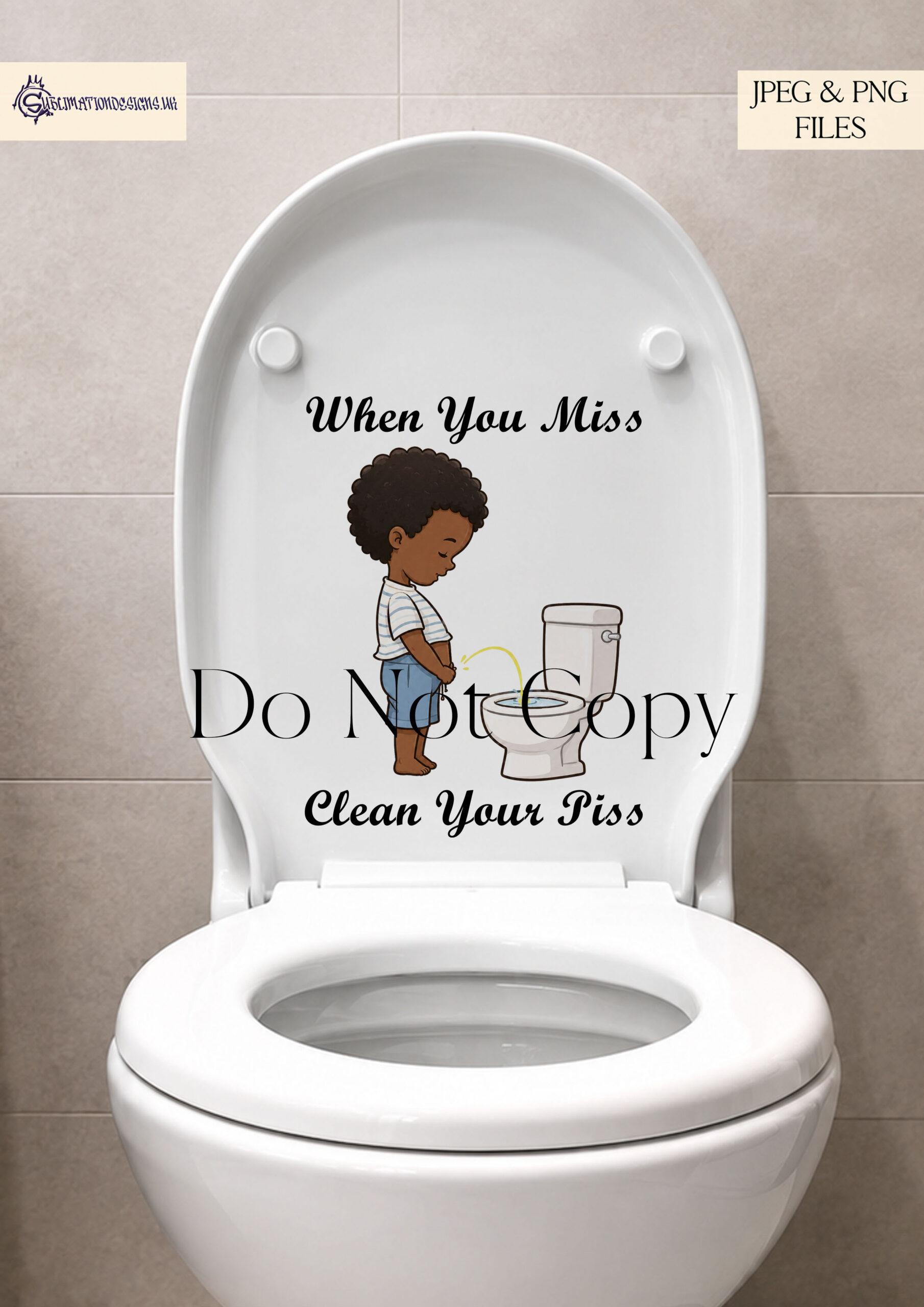 Little boys toilet comedy design with a curly-haired boy shown on a toilet-seat mock-up