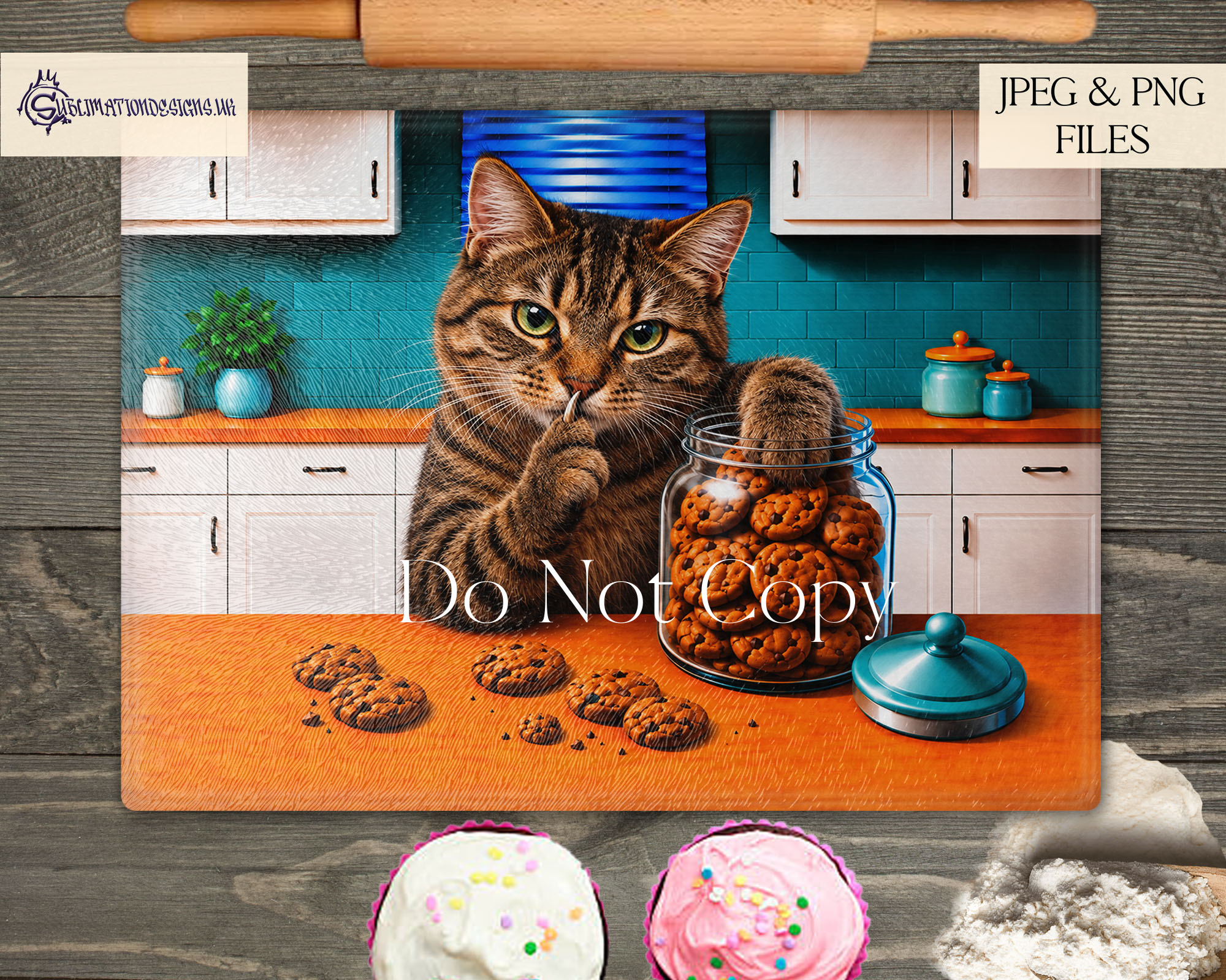 Cookie Thief cat designs featuring short and long haired domestic cats stealing treats and shushing the viewer for chopping boards and treat tins