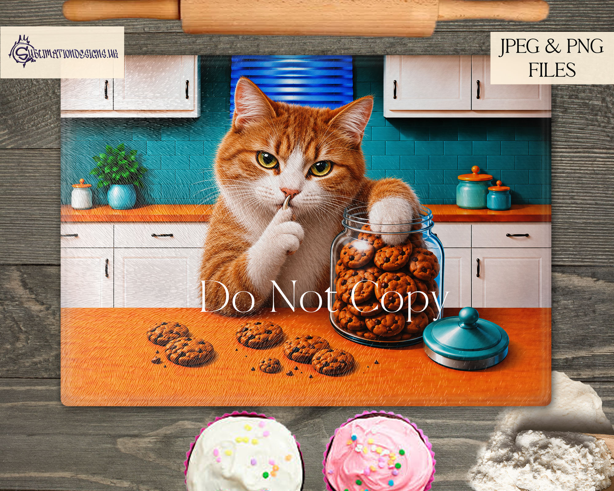 Cookie Thief cat designs featuring short and long haired domestic cats stealing treats and shushing the viewer for chopping boards and treat tins