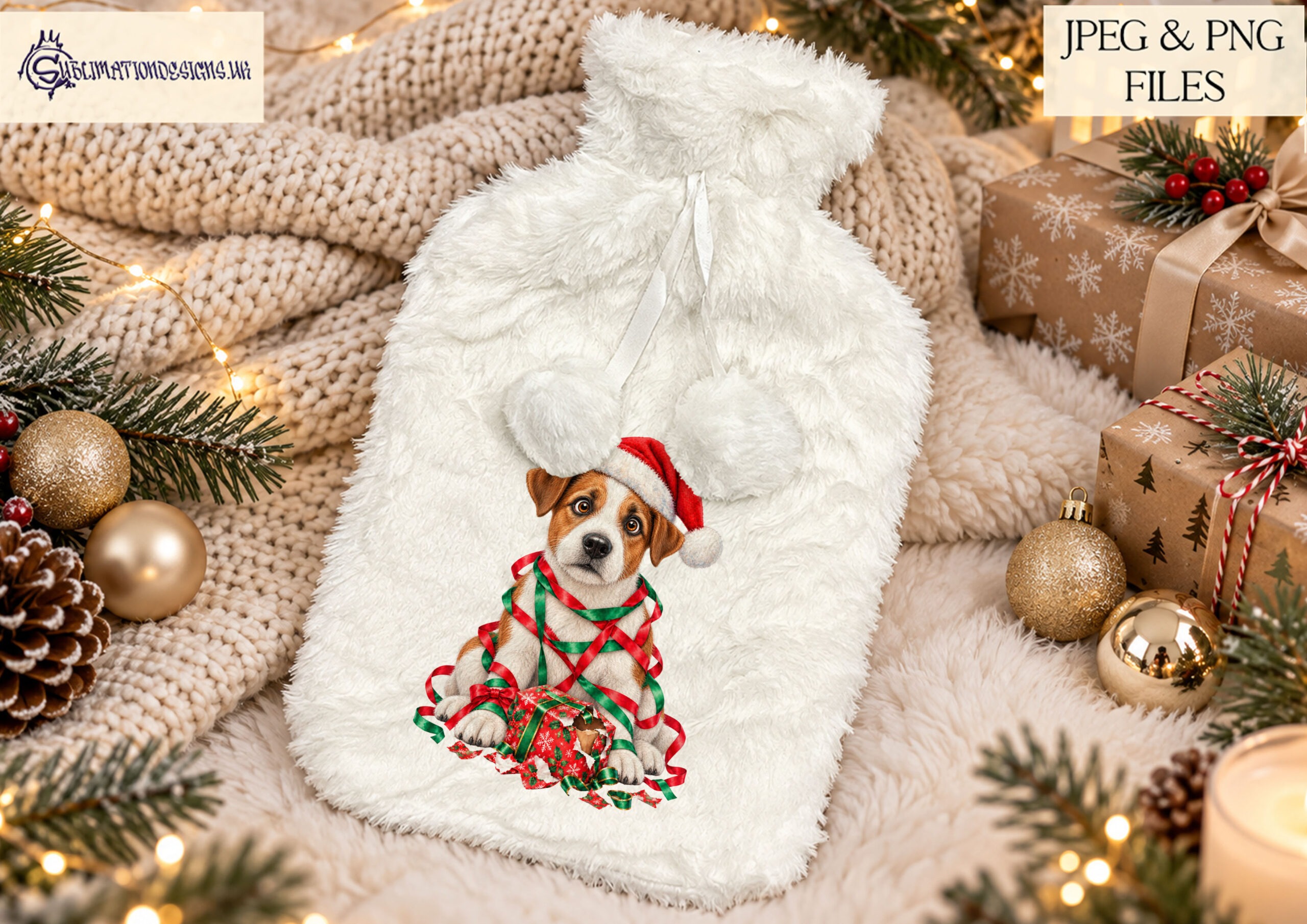 Mischievous Christmas dog clip art bundle featuring dogs tangled in festive tinsel with chewed presents for personalised Christmas gifts