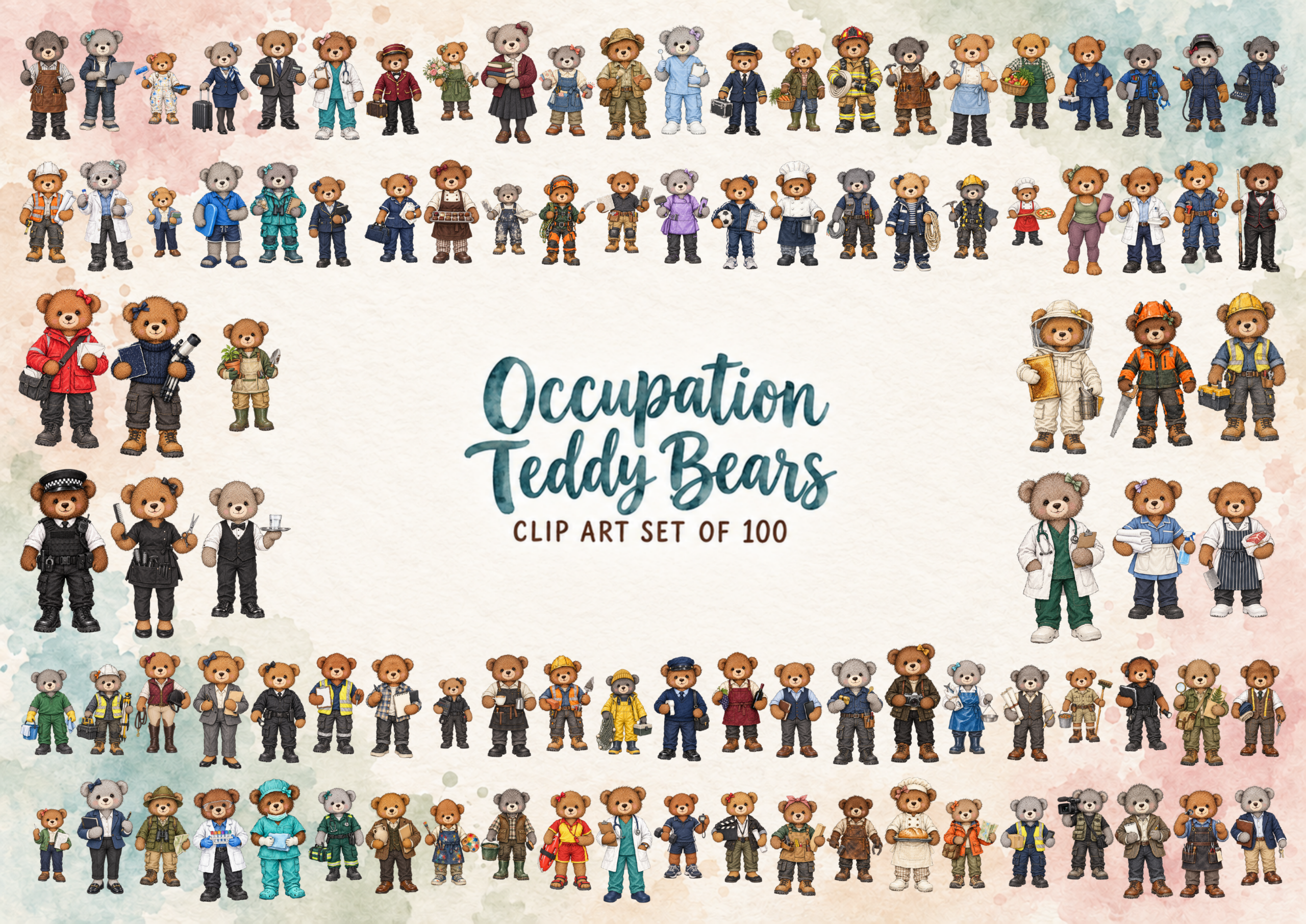 Occupation teddy bear clip art collection featuring 100 different profession and job themed bears for personalised gifts mugs cards tote bags and keyrings
