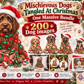 Mischievous Christmas dog clip art bundle featuring dogs tangled in festive tinsel with chewed presents for personalised Christmas gifts
