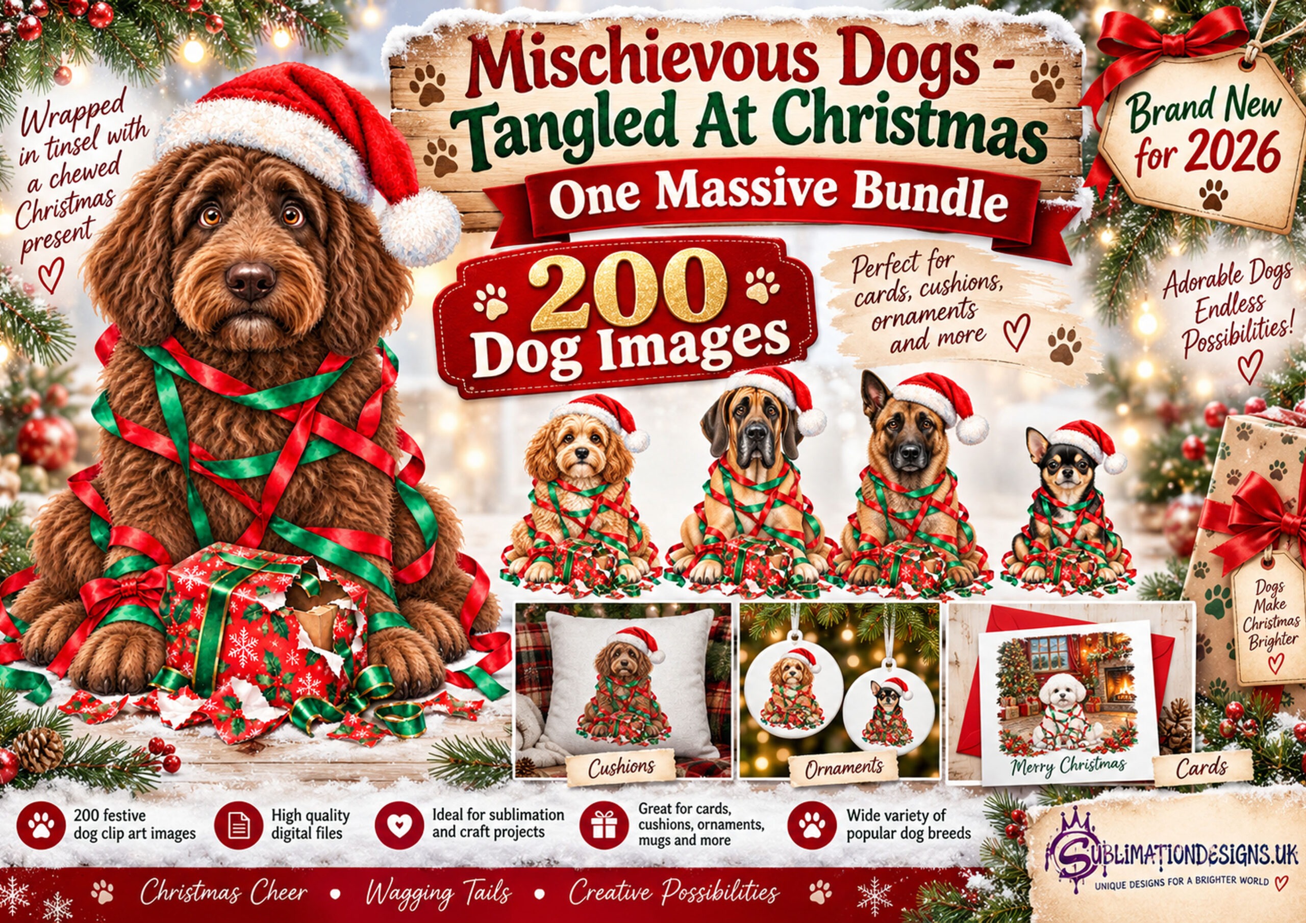 Mischievous Christmas dog clip art bundle featuring dogs tangled in festive tinsel with chewed presents for personalised Christmas gifts