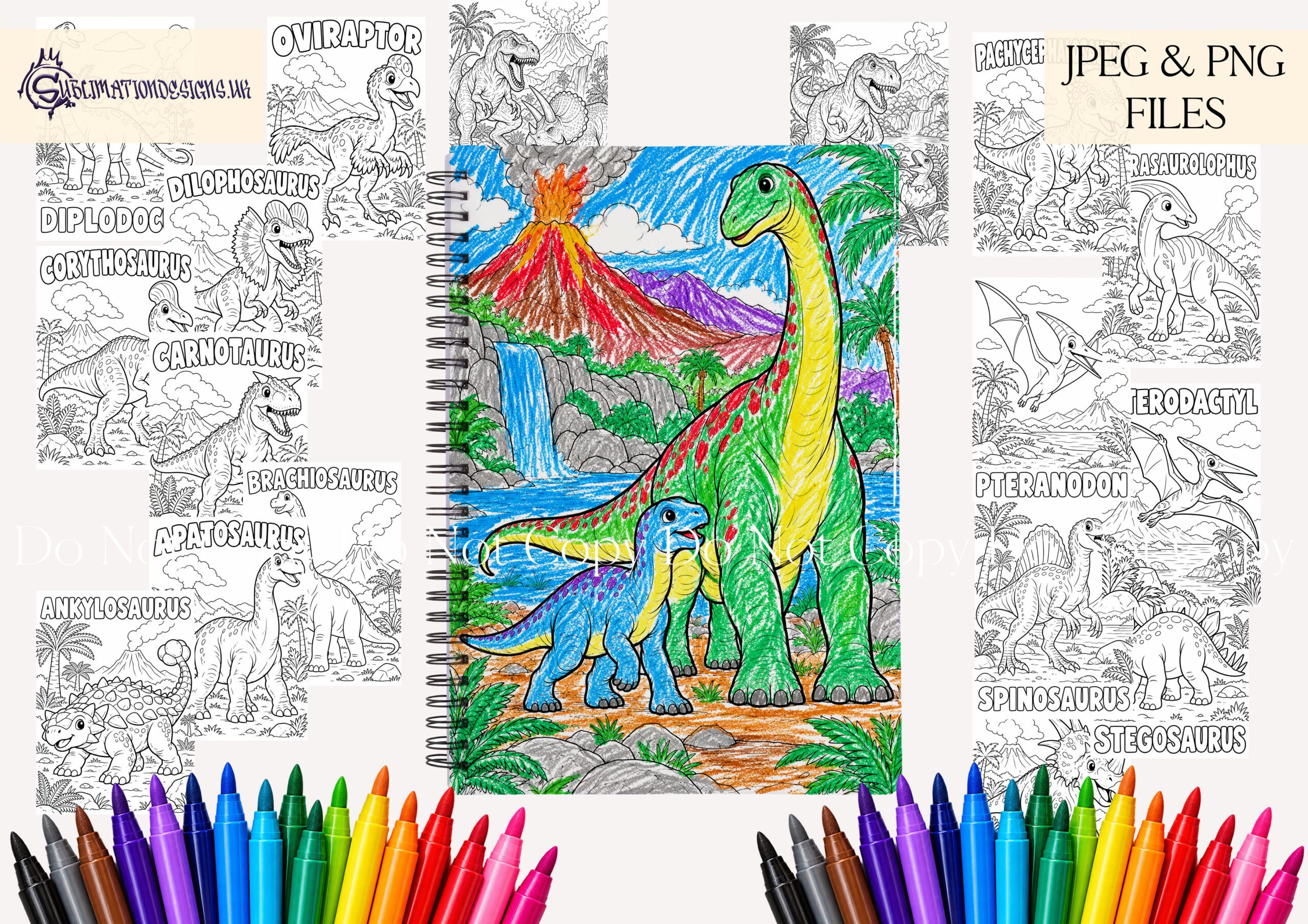 Dinosaur Colouring Pages Set of 23 featuring beginner friendly A4 portrait dinosaur illustrations with matching colouring book covers and example coloured page