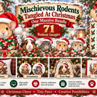 Mischievous rodents tangled at Christmas designs featuring guinea pigs hamsters mice rats gerbils and degu in festive Santa hats