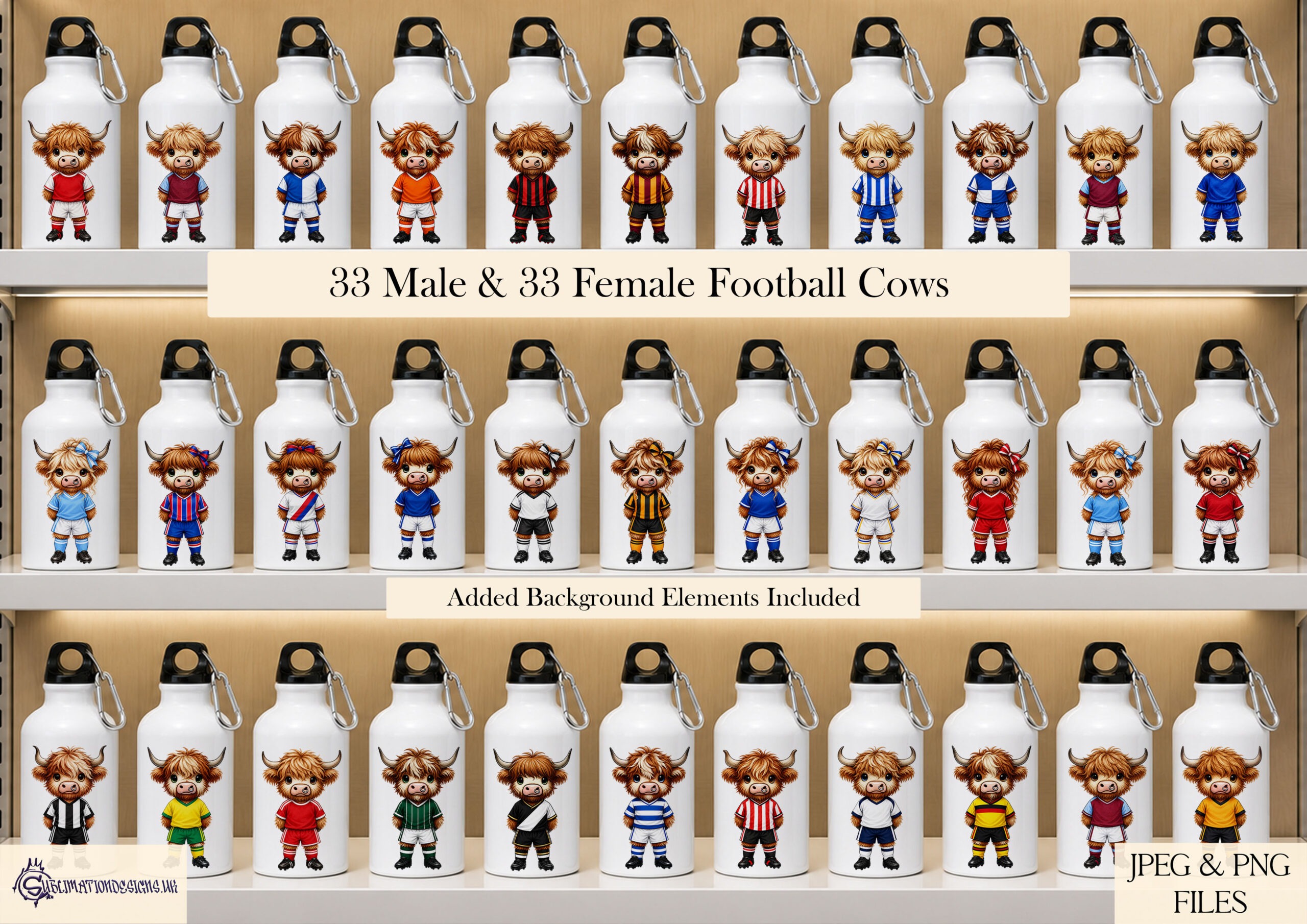 Highland cow footballers clip art with male and female players in different football kit colours plus footballs goals and grass background elements