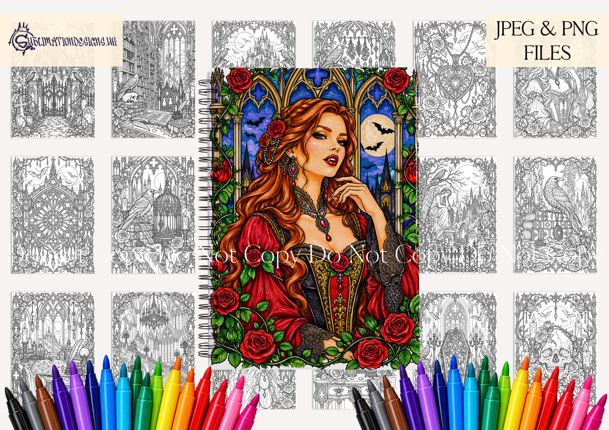 Gothic Advanced Colouring Book Pages Set of 20 featuring intricate black and white adult Gothic colouring designs in A4 Portrait format with front and back covers and printable colouring book mock ups