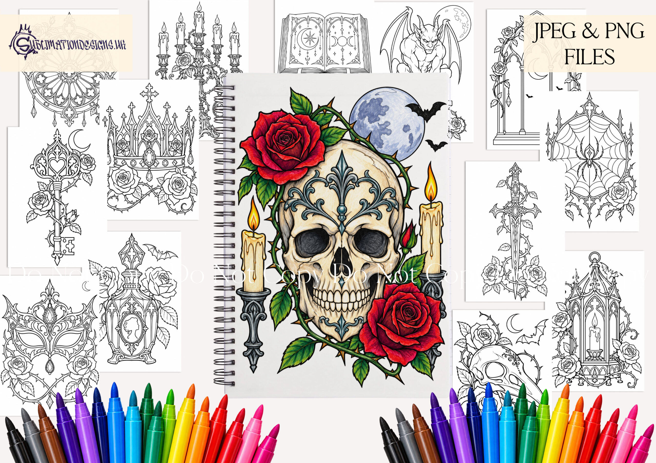 Gothic colouring pages for beginners featuring 20 A4 portrait printable designs with ravens skulls roses castles and other Gothic artwork