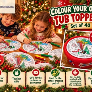 Colour Your Own Christmas Tub Toppers Set of 40 featuring printable 20.5cm circular colouring designs for Celebrations Heroes and Roses chocolate tubs with festive and thank you wording options