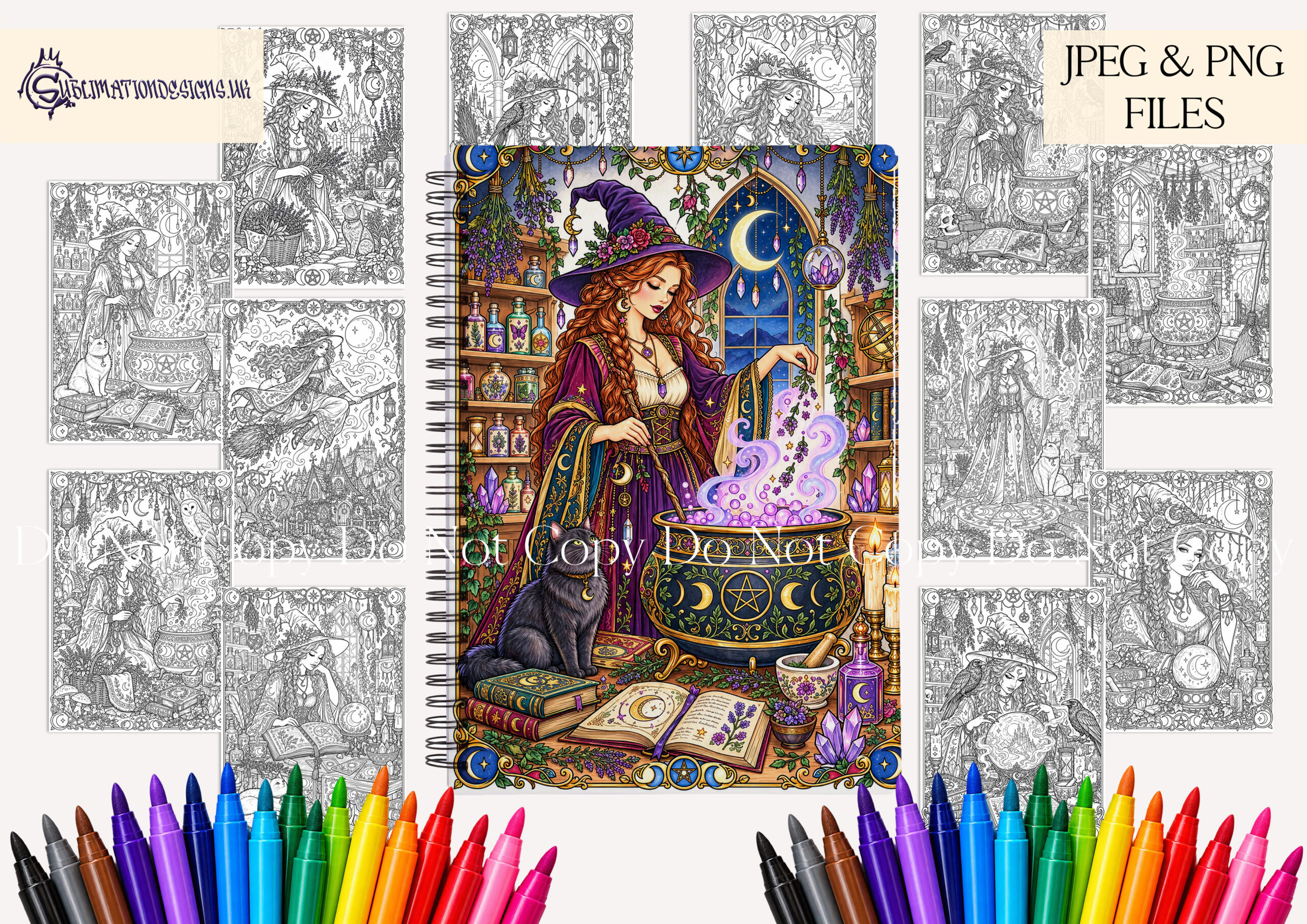 Advanced Witchcraft Colouring Pages featuring 20 intricate A4 witch illustrations with magical rooms, animal familiars and matching colouring book covers