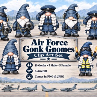 Military Air Force gonk gnome clip art featuring male and female characters in Air Force uniforms with military aircraft background designs