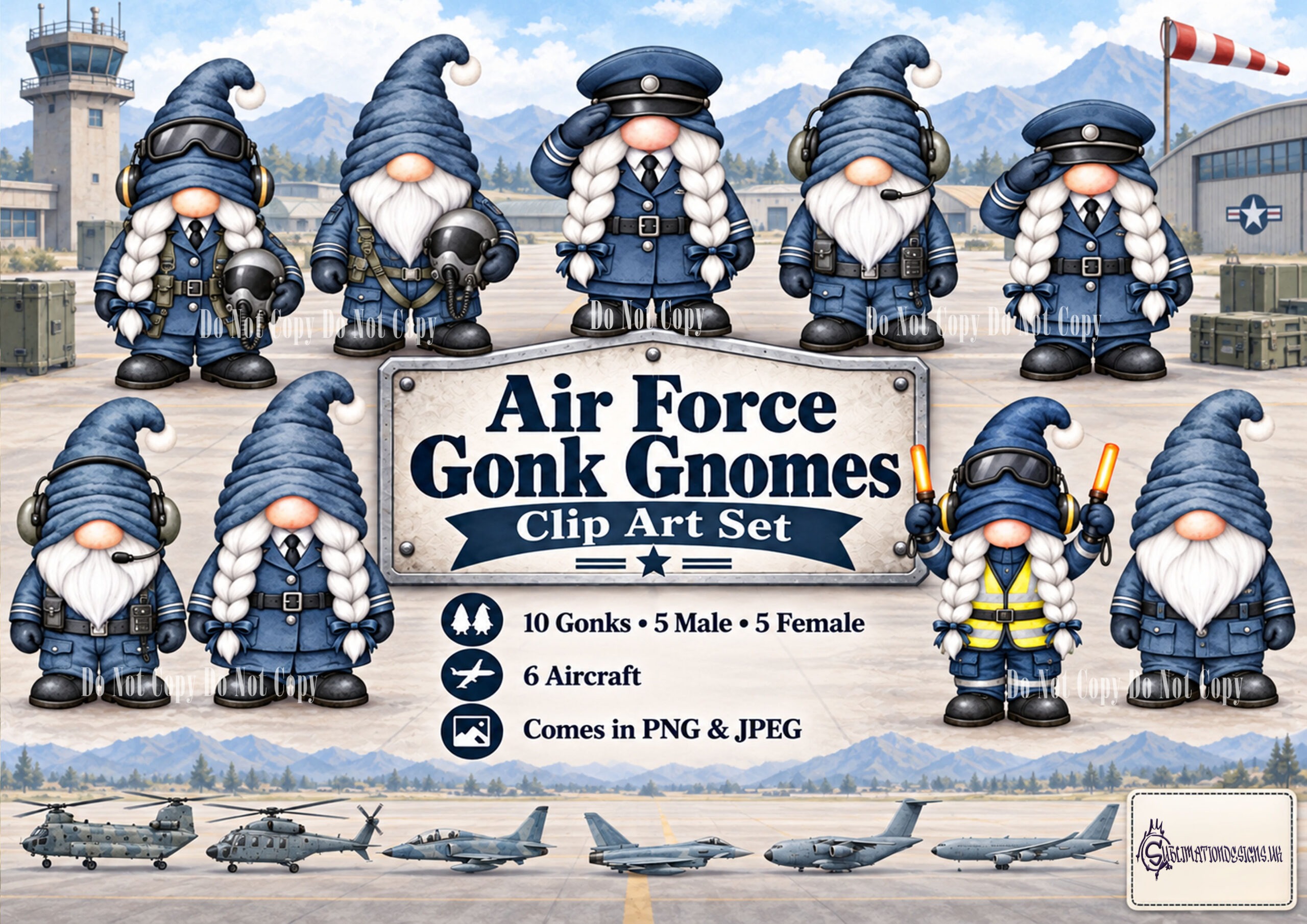 Military Air Force gonk gnome clip art featuring male and female characters in Air Force uniforms with military aircraft background designs