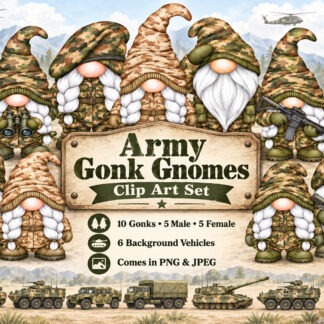 Military Army gonk gnome clip art featuring male and female characters in Army uniforms with military vehicle background designs