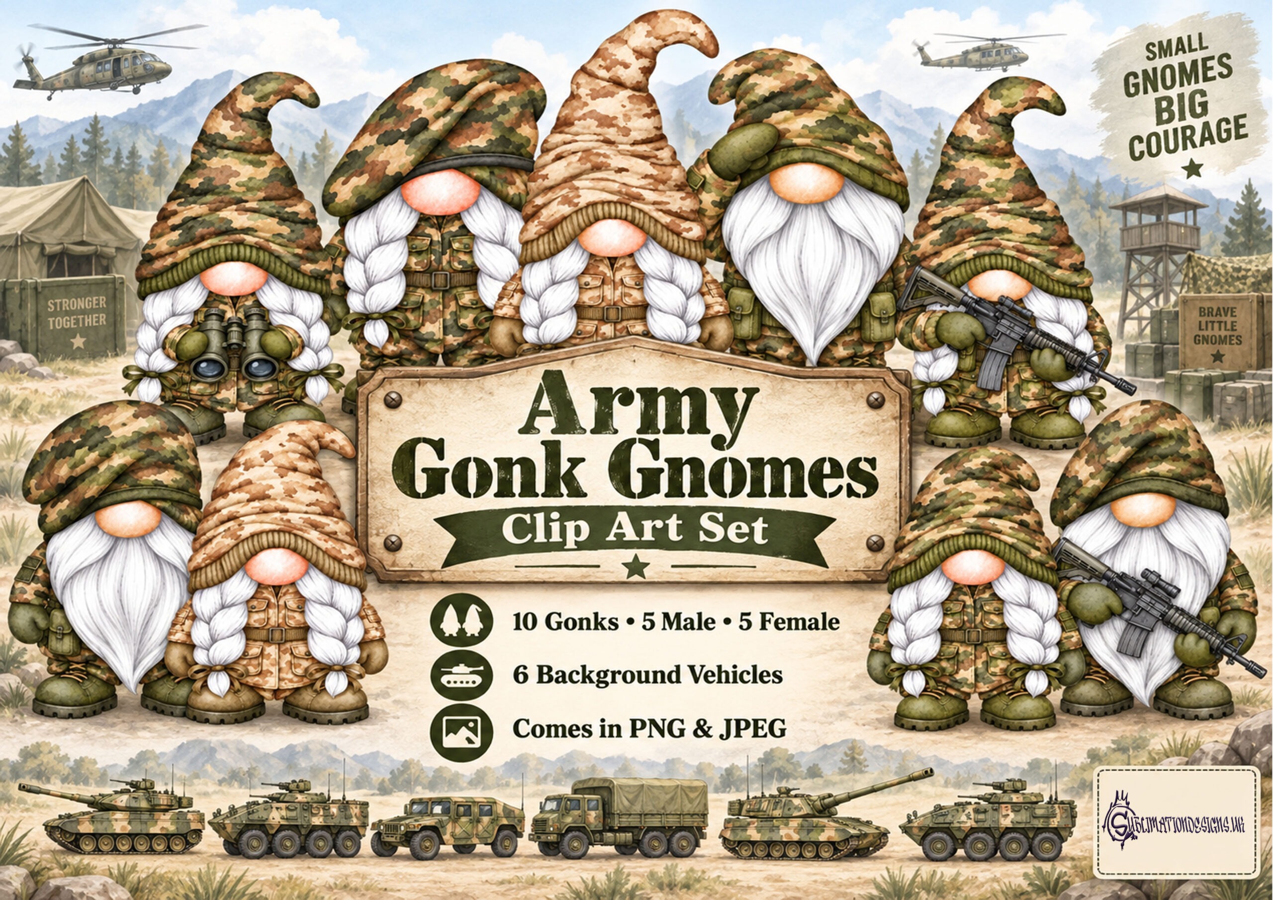 Military Army gonk gnome clip art featuring male and female characters in Army uniforms with military vehicle background designs