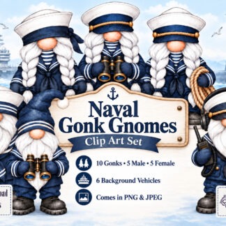 Military Navy gonk gnome clip art featuring male and female characters in naval uniforms with Navy vessel background designs
