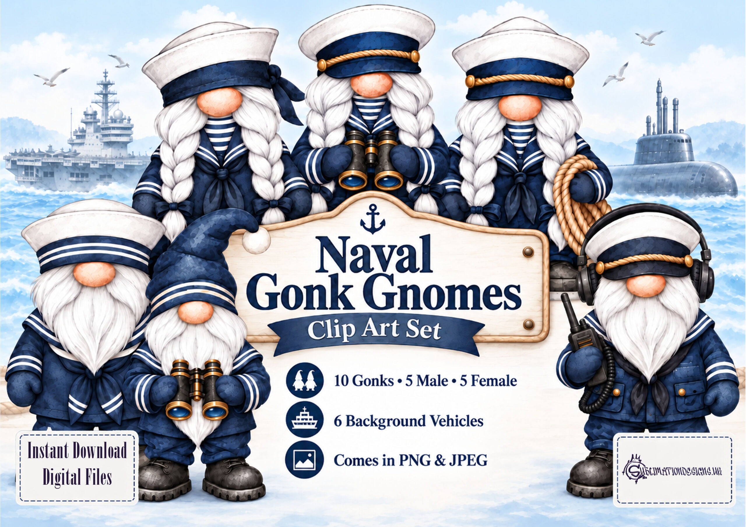 Military Navy gonk gnome clip art featuring male and female characters in naval uniforms with Navy vessel background designs