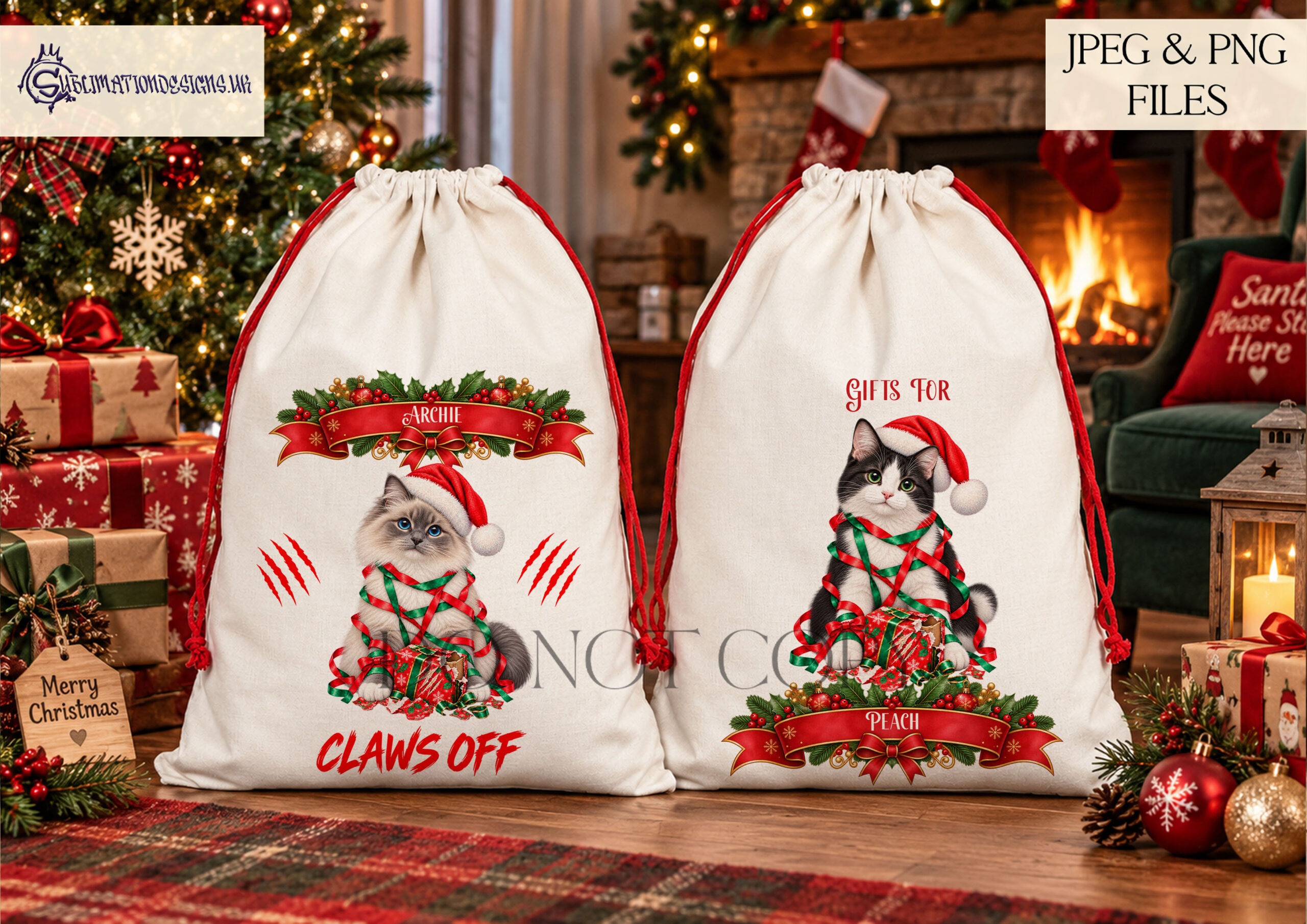 Mischievous Christmas cat designs featuring cats wrapped in festive tinsel with clawed open presents for personalised Christmas gifts