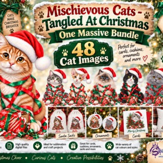 Mischievous Christmas cat designs featuring cats wrapped in festive tinsel with clawed open presents for personalised Christmas gifts