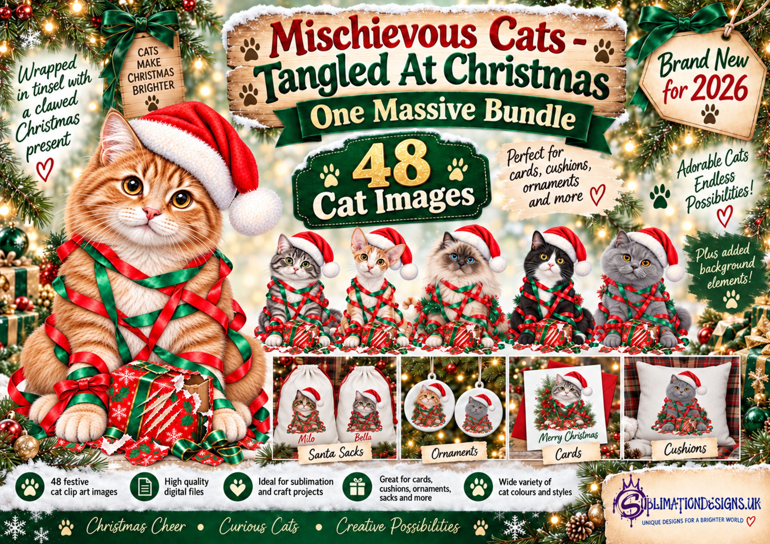 Mischievous Christmas cat designs featuring cats wrapped in festive tinsel with clawed open presents for personalised Christmas gifts