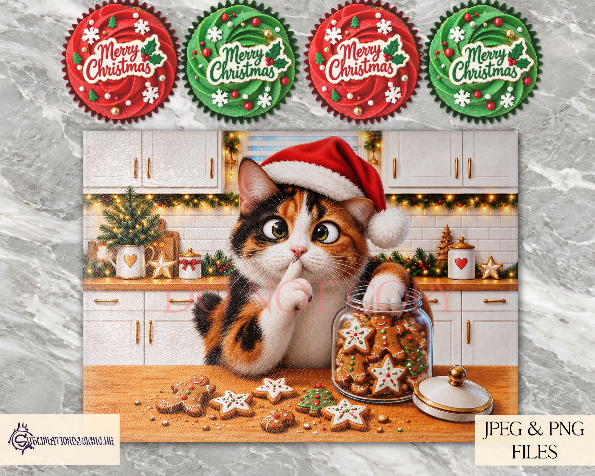 Christmas Cookie Thief cat designs featuring different cats wearing Santa hats and stealing cookies from a jar in festive kitchen scenes