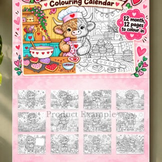 Highland Cow Colouring Limited Edition featuring 20 printable colouring pages, 2027 Highland Cow calendar designs, 12 month headers and reusable calendar templates