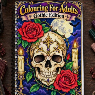 Gothic colouring pages for beginners featuring 20 A4 portrait printable designs with ravens skulls roses castles and other Gothic artwork