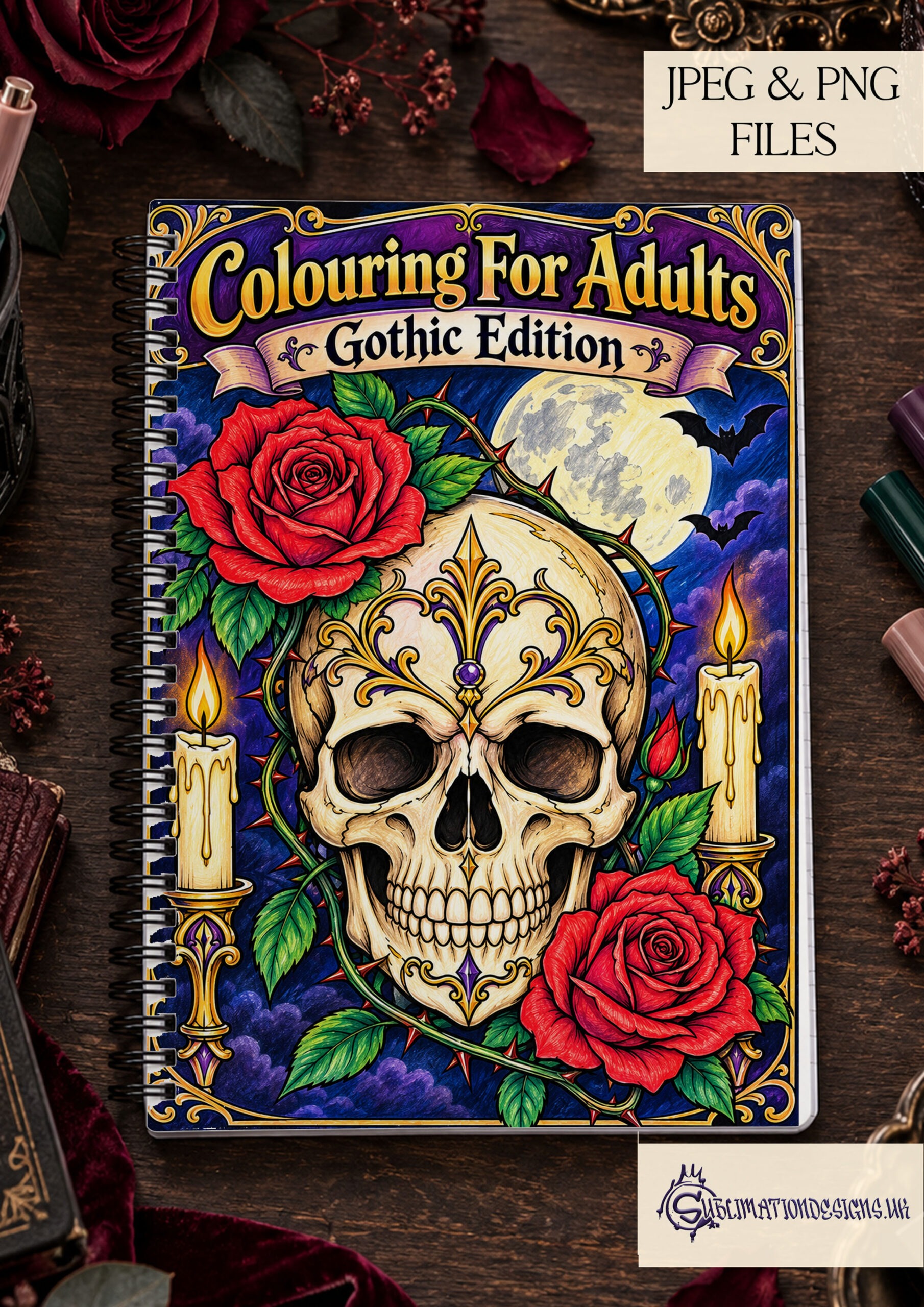 Gothic colouring pages for beginners featuring 20 A4 portrait printable designs with ravens skulls roses castles and other Gothic artwork