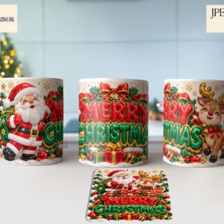 Inflated Christmas mug and coaster designs featuring festive balloon style lettering including Merry Christmas Let It Snow and Oh Snap with 10 matching mug and coaster pairs